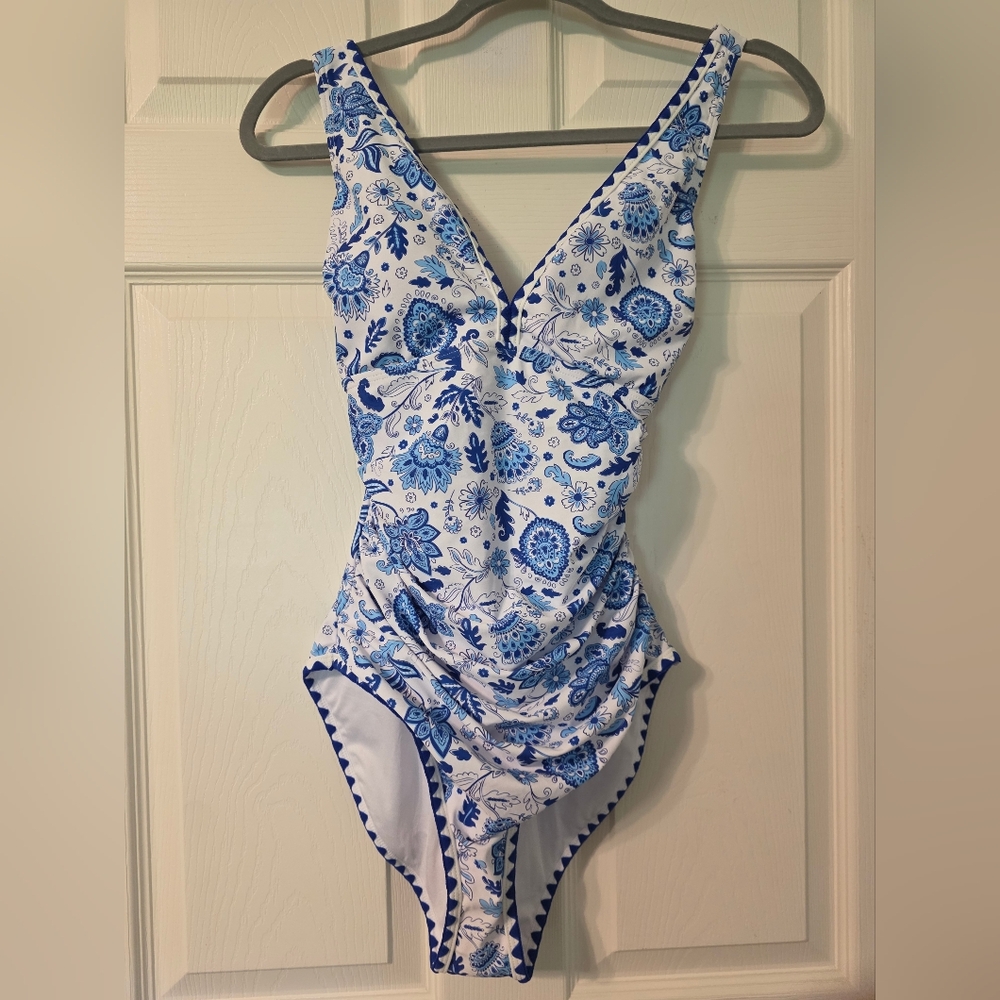B2PRITY Blue & White Floral One-Piece Swimsuit with V-Neck